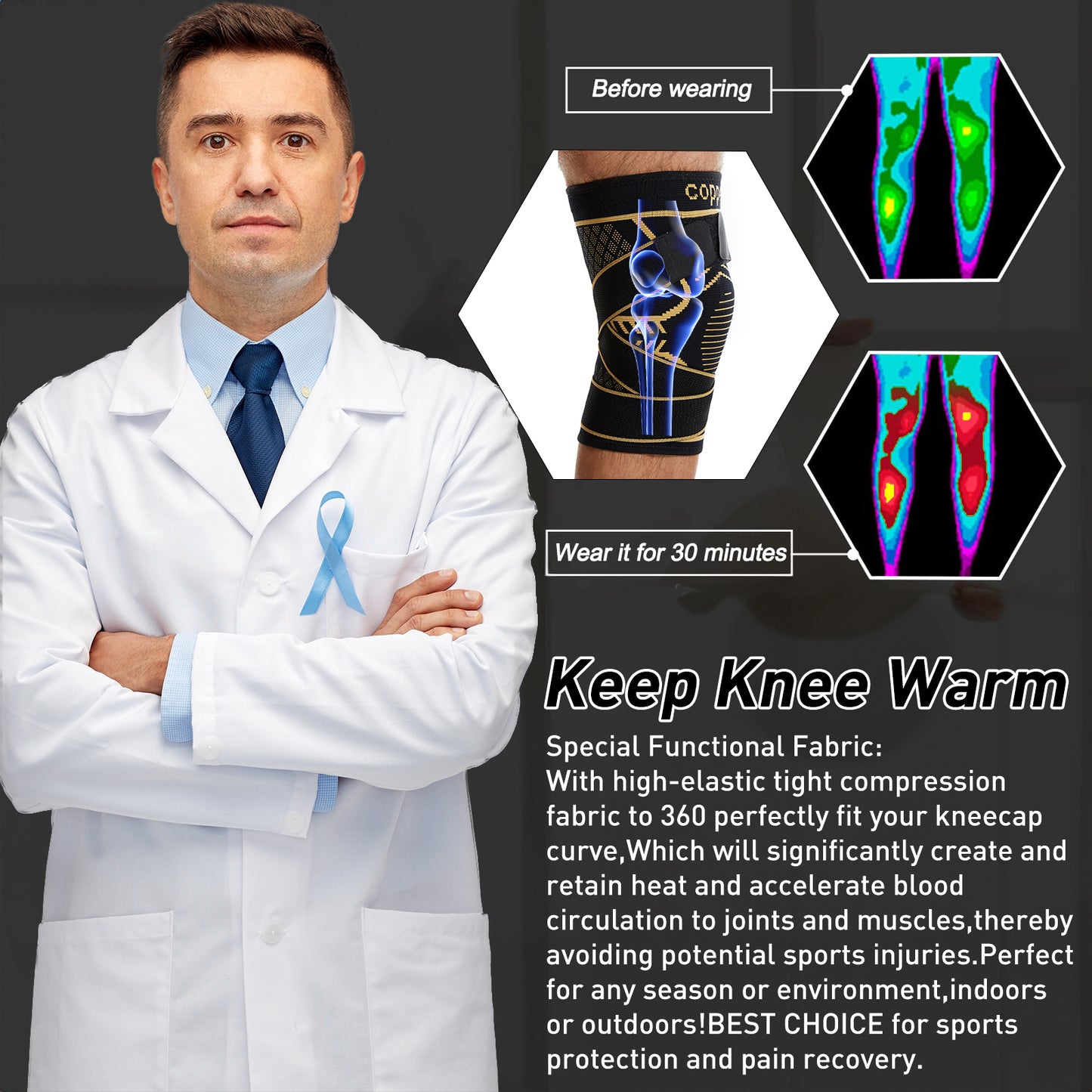 Copper Knee Support Brace with Adjustable Straps
