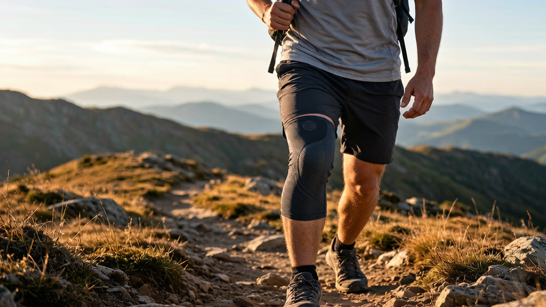 Hiker walking on a mountain trail wearing a knee compression sleeve for support during outdoor activity