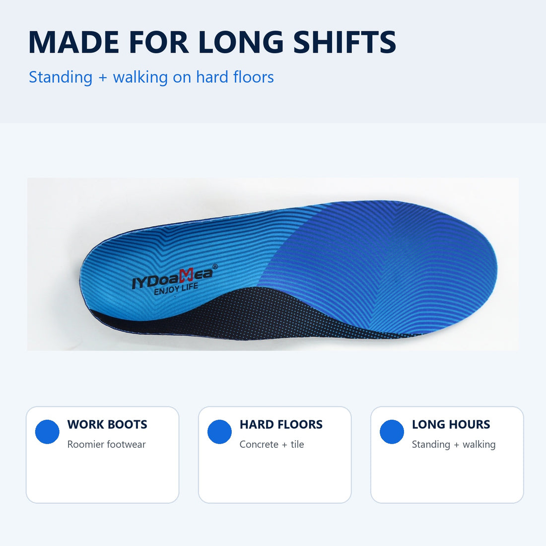 High arch work insoles for long shifts on hard floors
