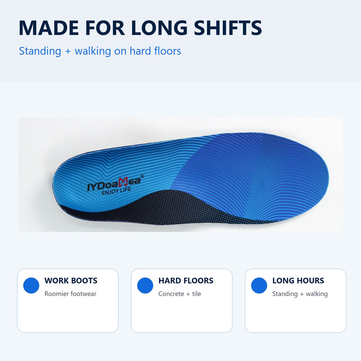 High arch work insoles for long shifts on hard floors