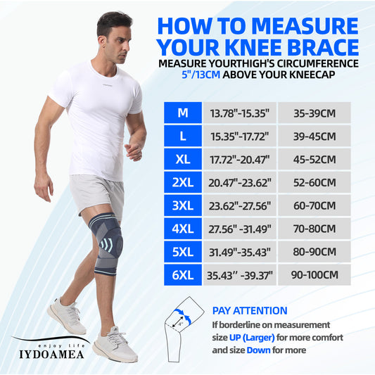 IYDoaMea 1pc Professional Plus Size Knee Brace with Adjustable Straps for Best Fit Compression Knee Sleeve Support with Patella Pad & Side Stabilizers for Knee Pain Running, Work Out, Gym, Arthritis, ACL, Joint Pain Relief, Injury Recovery