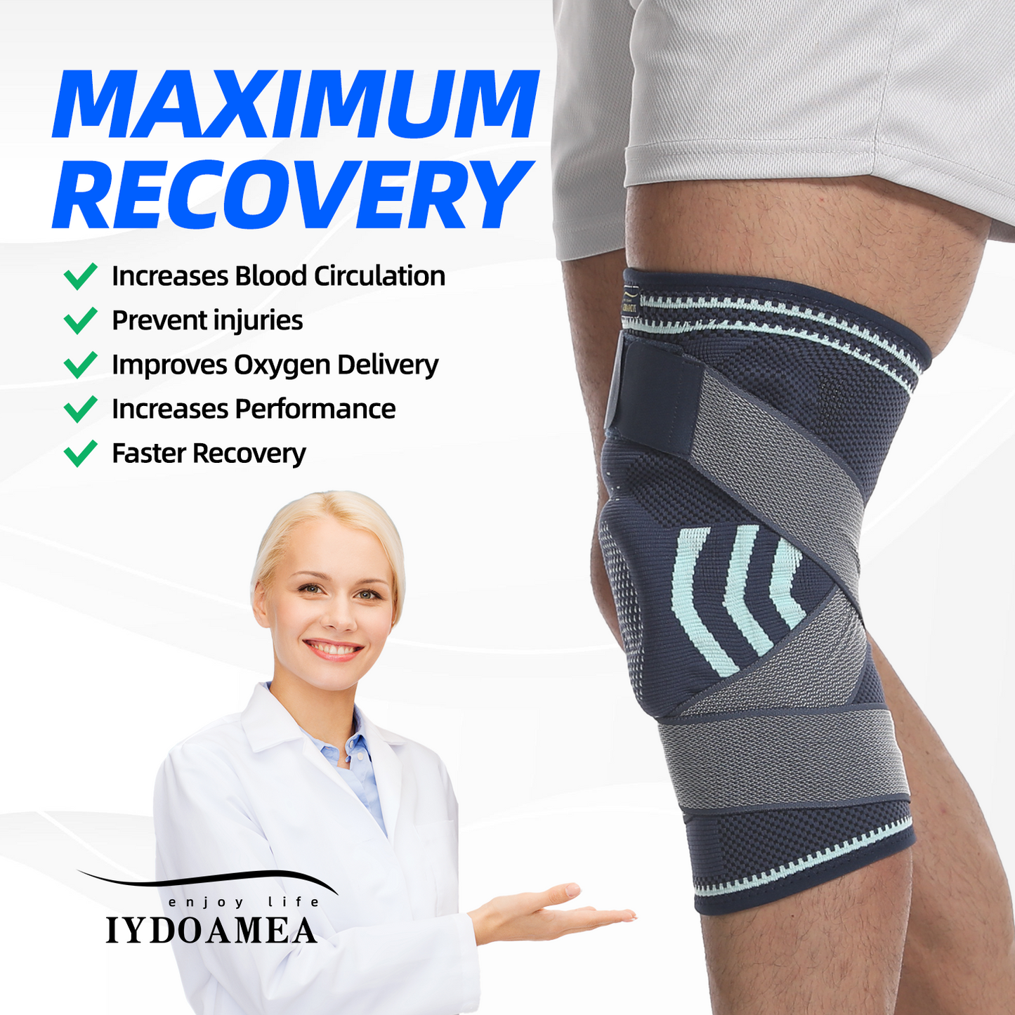 IYDoaMea 1pc Professional Plus Size Knee Brace with Adjustable Straps for Best Fit Compression Knee Sleeve Support with Patella Pad & Side Stabilizers for Knee Pain Running, Work Out, Gym, Arthritis, ACL, Joint Pain Relief, Injury Recovery