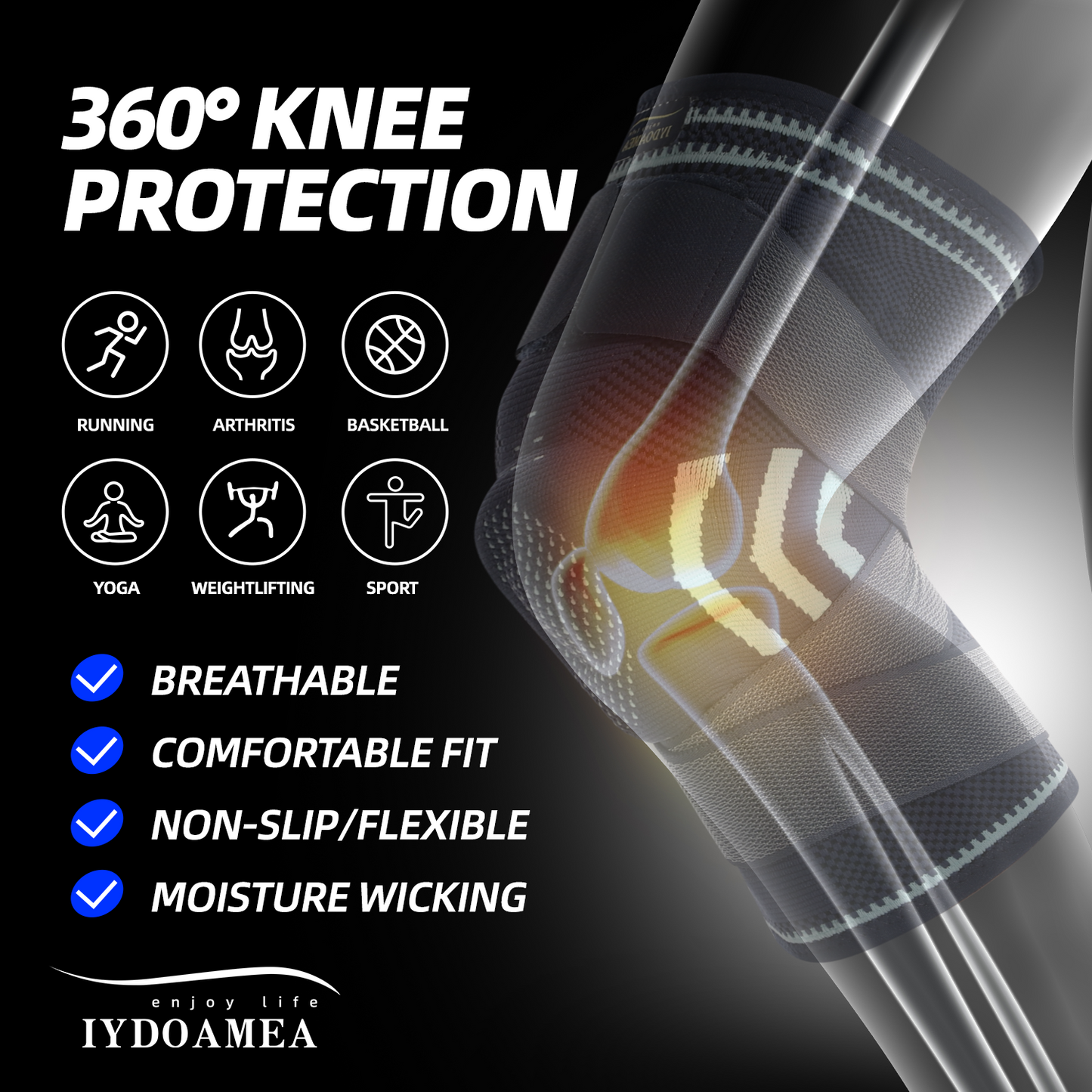 IYDoaMea 1pc Professional Plus Size Knee Brace with Adjustable Straps for Best Fit Compression Knee Sleeve Support with Patella Pad & Side Stabilizers for Knee Pain Running, Work Out, Gym, Arthritis, ACL, Joint Pain Relief, Injury Recovery