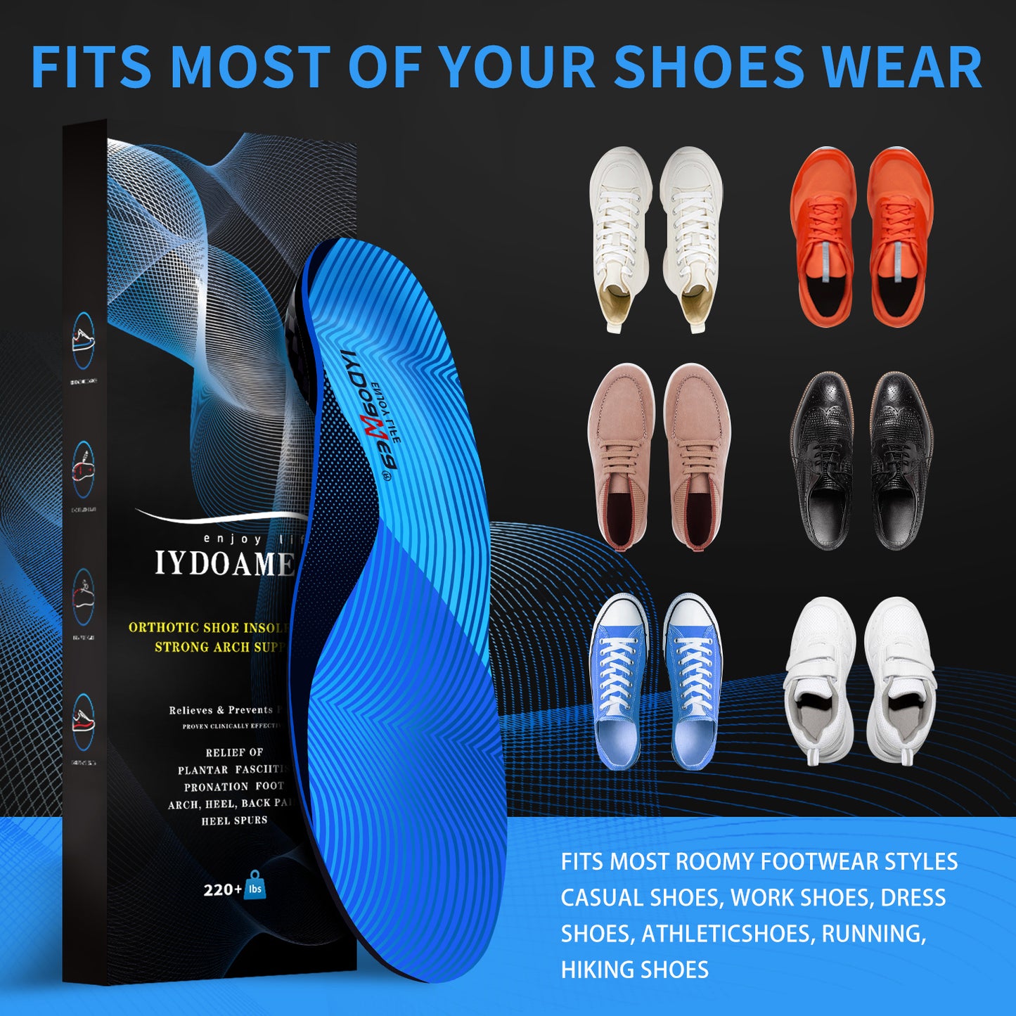 IYDoaMea 220+ lbs Plantar Fasciitis High Arch Support Insoles Men Women - Orthotic Shoe Inserts, Maximum Support And Cushion Poron Sole Insoles For Standing All Day Sweat-Absorbent Breathable Footwear Comfort Bedroom Tactical